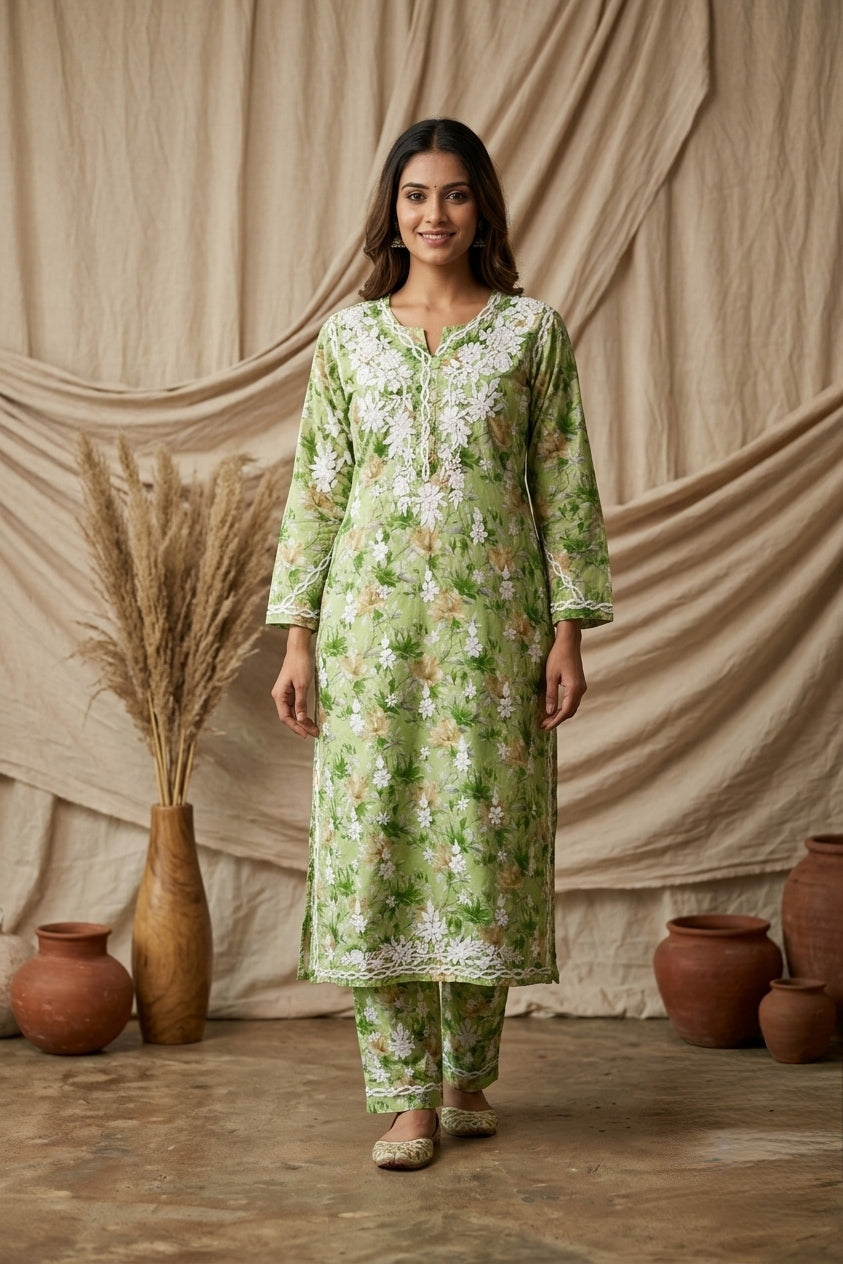 Aaira Green Mull Cotton Chikankari Kurta Set