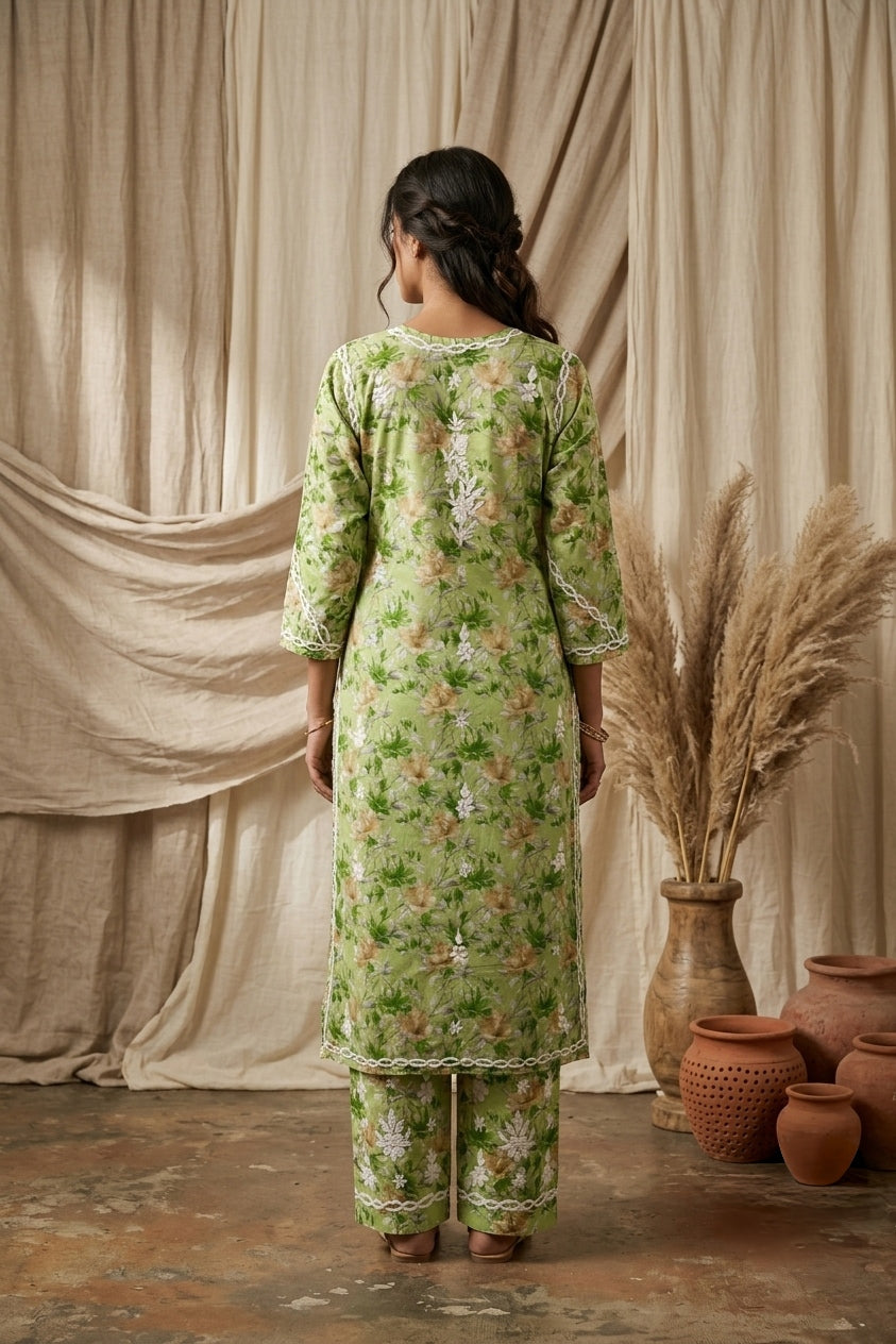 Aaira Green Mull Cotton Chikankari Kurta Set