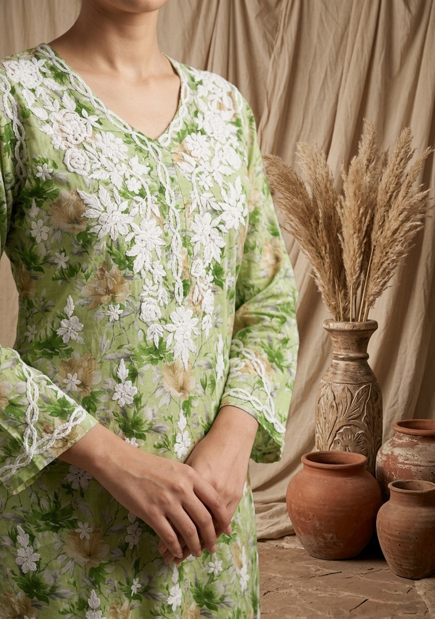 Aaira Green Mull Cotton Chikankari Kurta Set