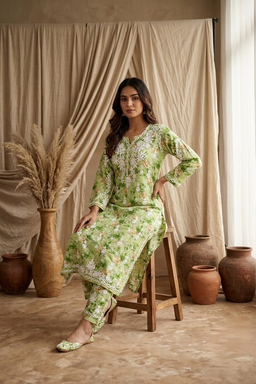 Aaira Green Mull Cotton Chikankari Kurta Set