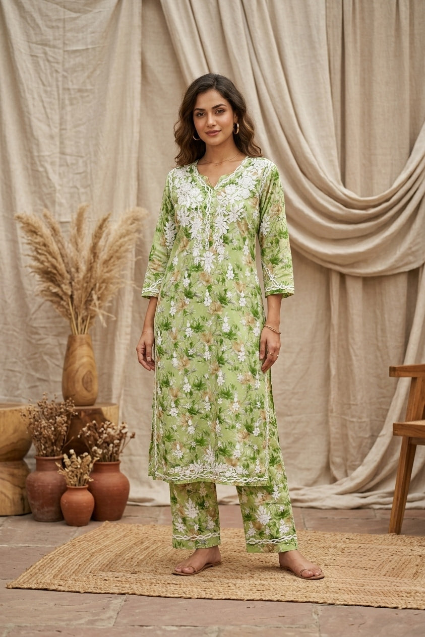 Aaira Green Mull Cotton Chikankari Kurta Set