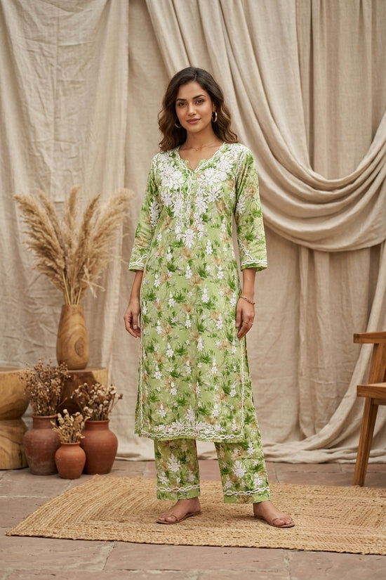 Aaira Green Mull Cotton Chikankari Kurta Set