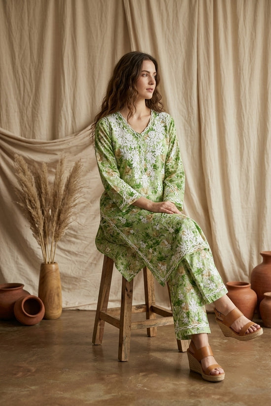 Aaira Green Mull Cotton Chikankari Kurta Set