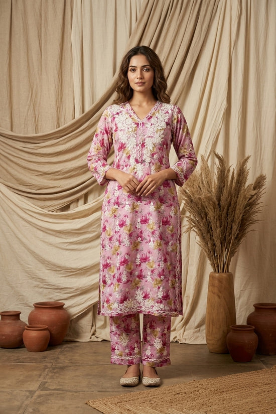 Aaira Rose Pink Mull Cotton Chikankari Kurta Set