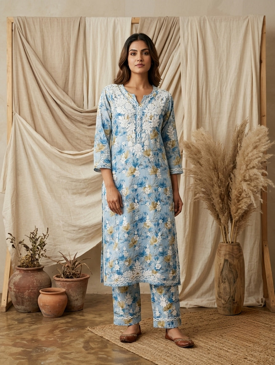 Aaira Teal Blue Mull Cotton Chikankari Kurta Set
