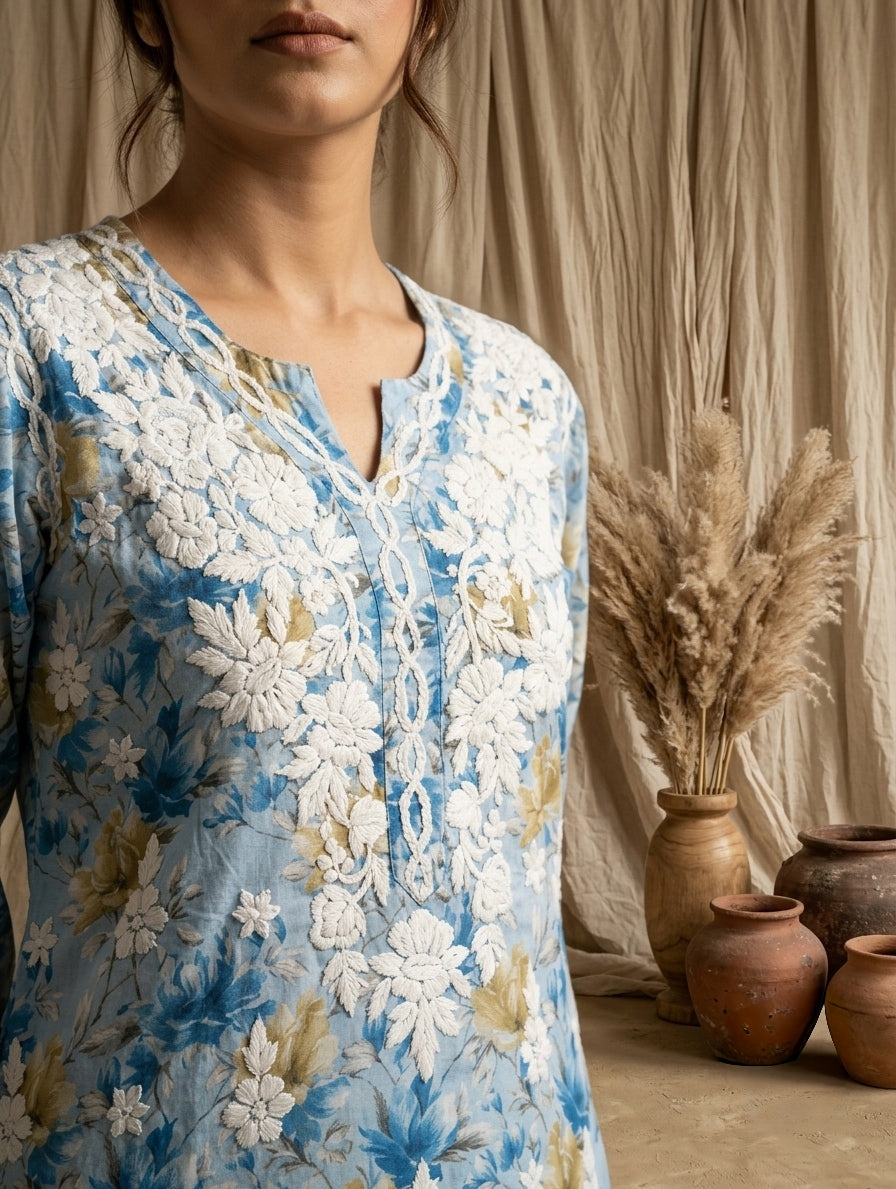 Aaira Teal Blue Mull Cotton Chikankari Kurta Set