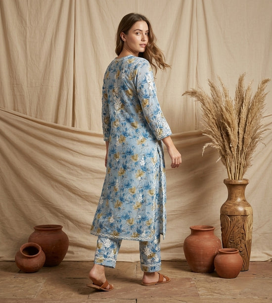 Aaira Teal Blue Mull Cotton Chikankari Kurta Set