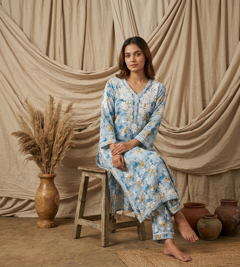 Aaira Teal Blue Mull Cotton Chikankari Kurta Set