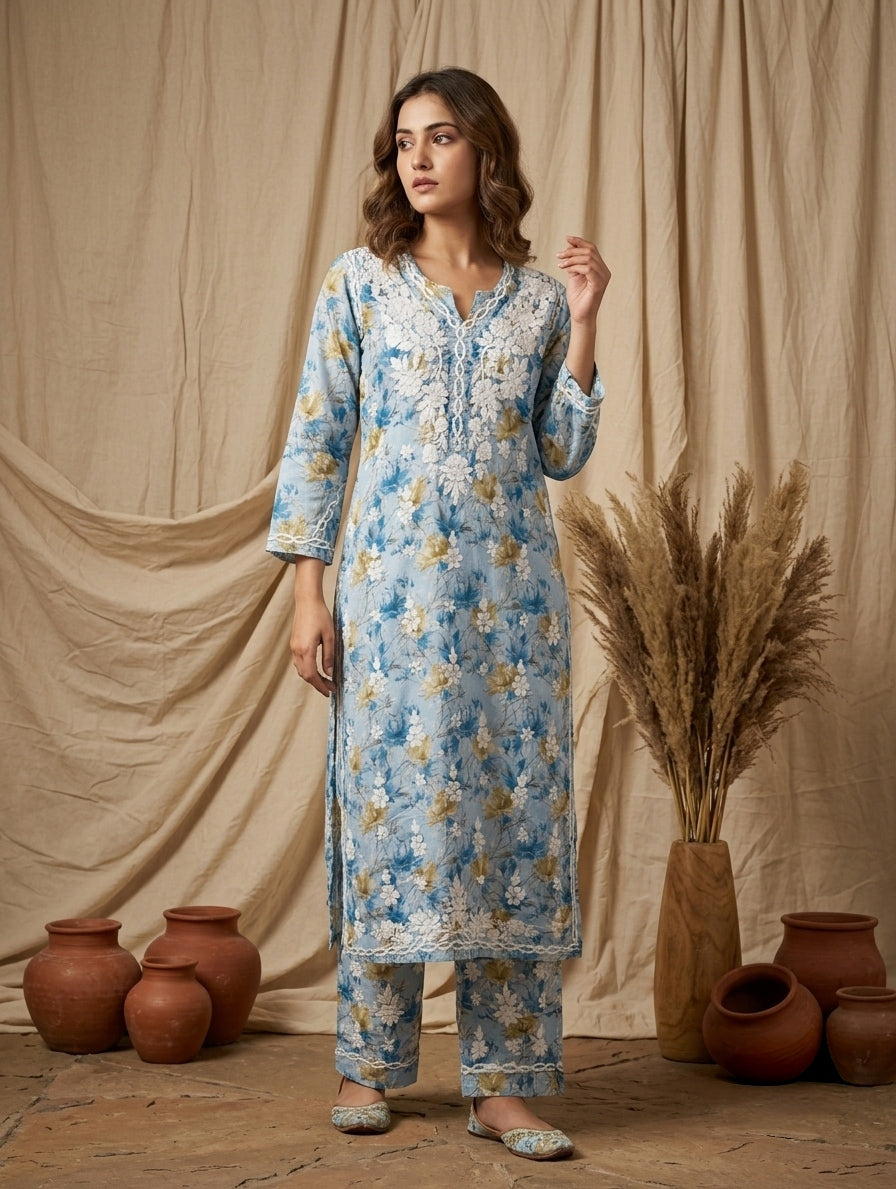 Aaira Teal Blue Mull Cotton Chikankari Kurta Set