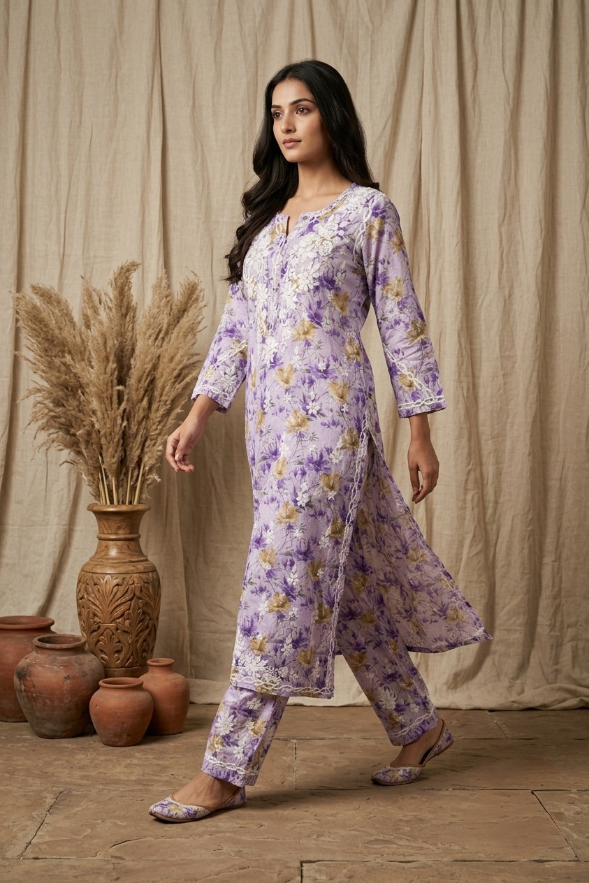Aaira Lilac Mull Cotton Chikankari Kurta Set