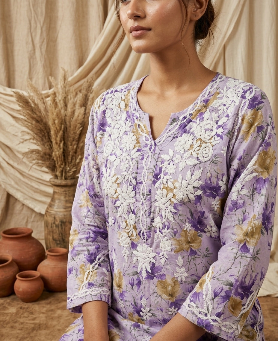 Aaira Lilac Mull Cotton Chikankari Kurta Set