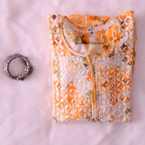Eshal Musturd Yellow Angrakha Floral Party wear Mull Gown