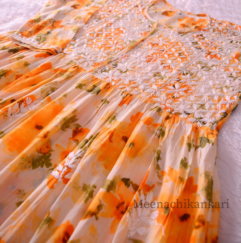 Eshal Musturd Yellow Angrakha Floral Party wear Mull Gown