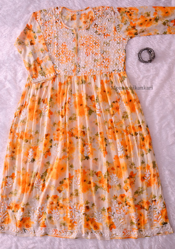 Eshal Musturd Yellow Angrakha Floral Party wear Mull Gown