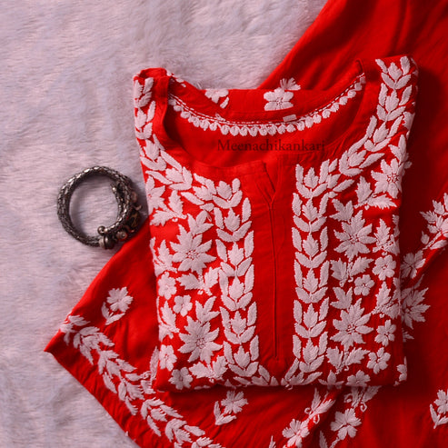 Fiza Red Rayon Long  Kurta Set