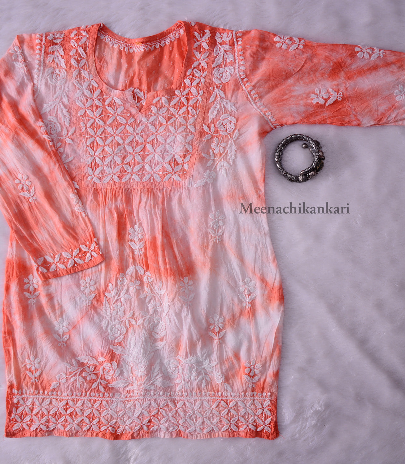 Awadh Peach Cotton Tie & Dye Short Kurta
