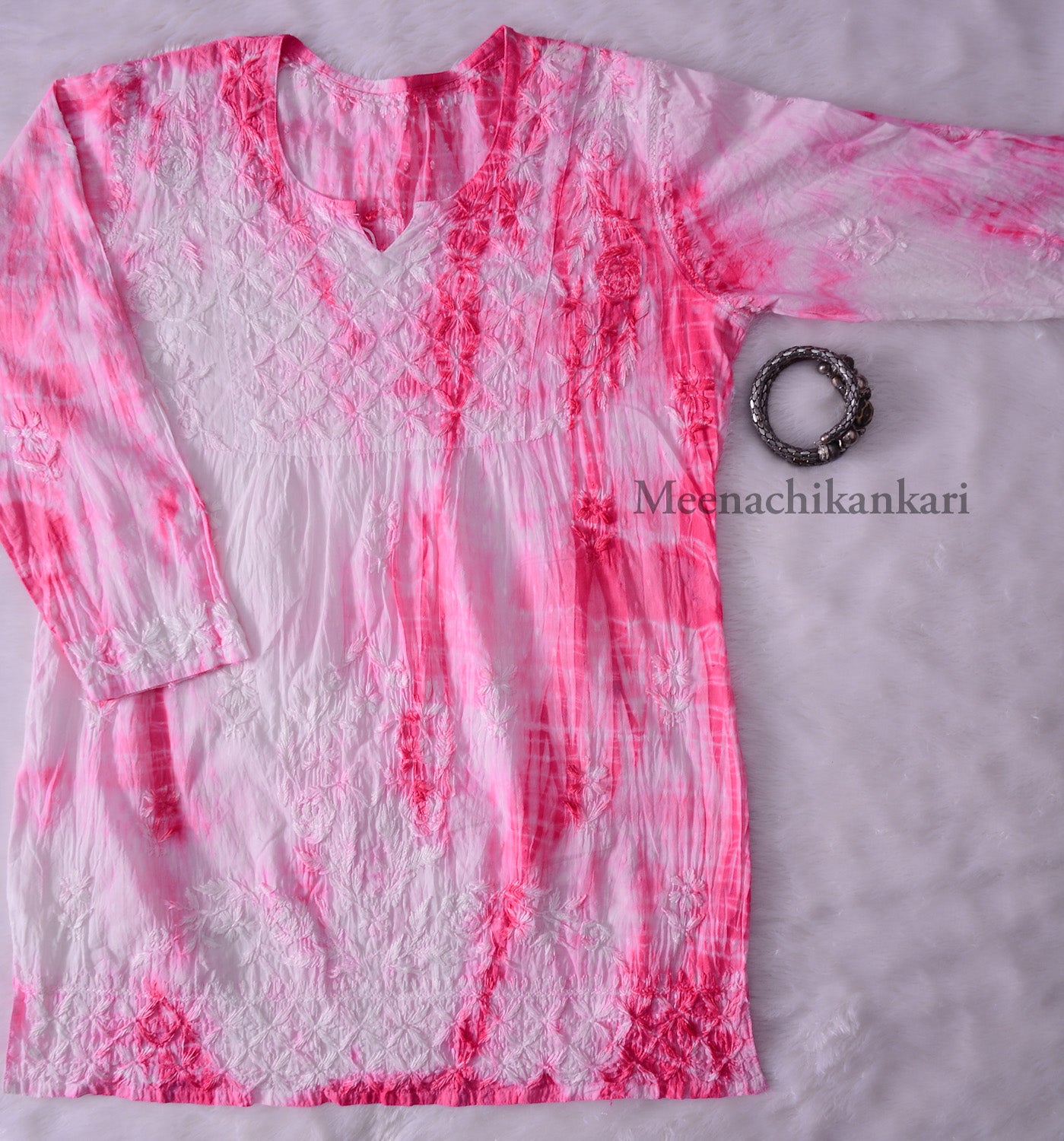 Awadh Pink Cotton Tie & Dye Short Kurta