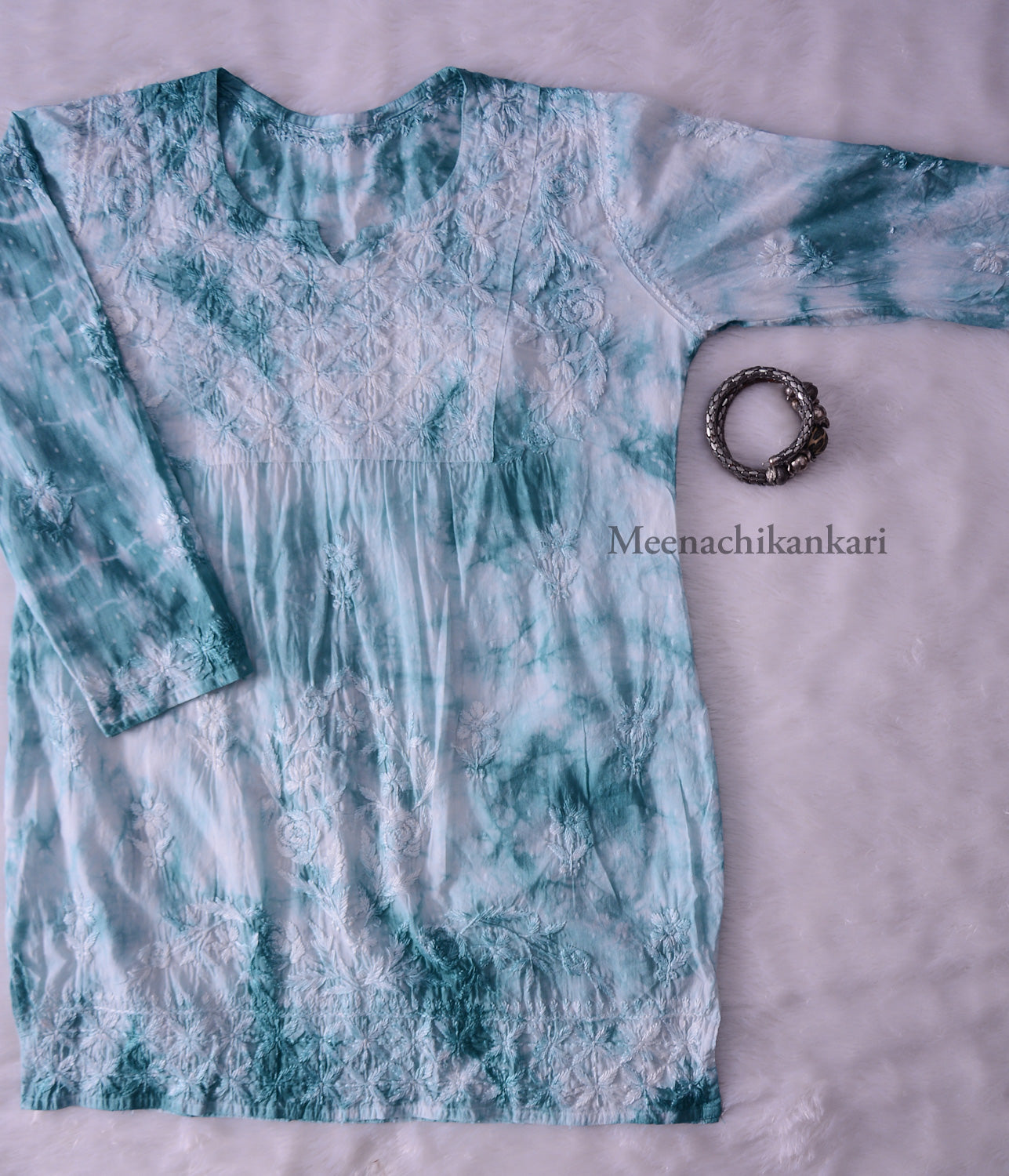 Awadh Sea Green Cotton Tie & Dye Short Kurta