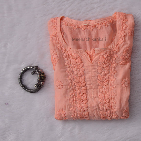Sana Peach Ombre 3D Muslin Straight Kurta