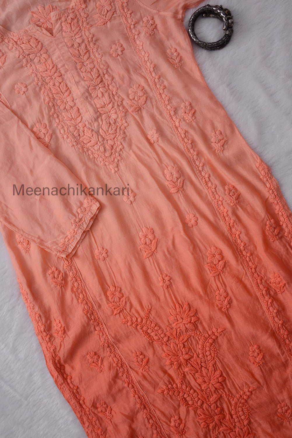 Sana Peach Ombre 3D Muslin Straight Kurta