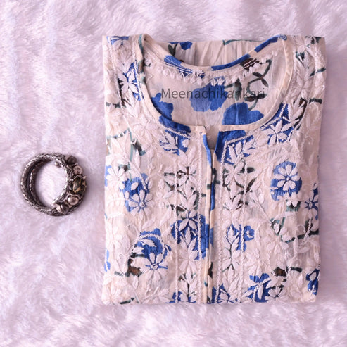 Raafi Peacock Blue Floral Party wear Mull Gown