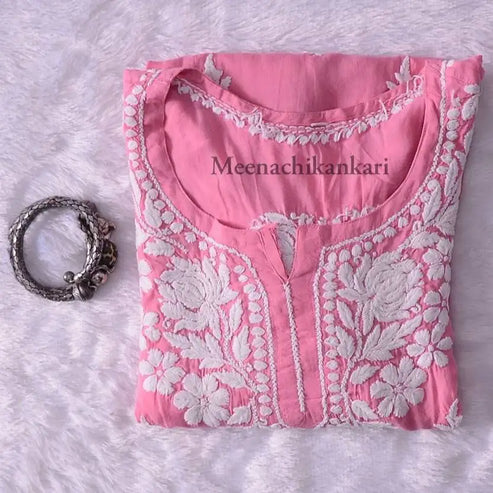 Bahar Onion Pink Mid Thigh 3D Embroidey Modal Kurta