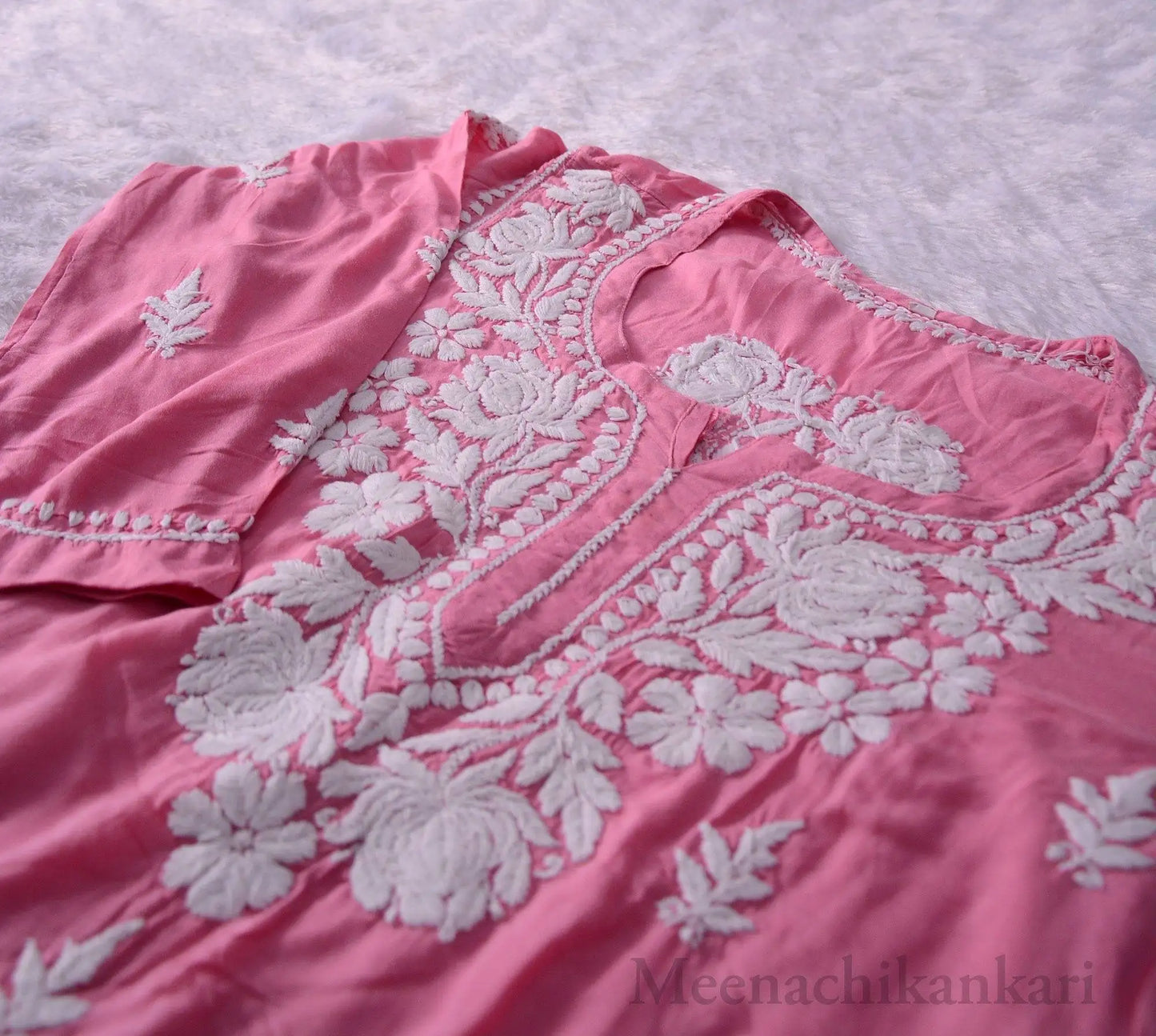 Bahar Onion Pink Mid Thigh 3D Embroidey Modal Kurta