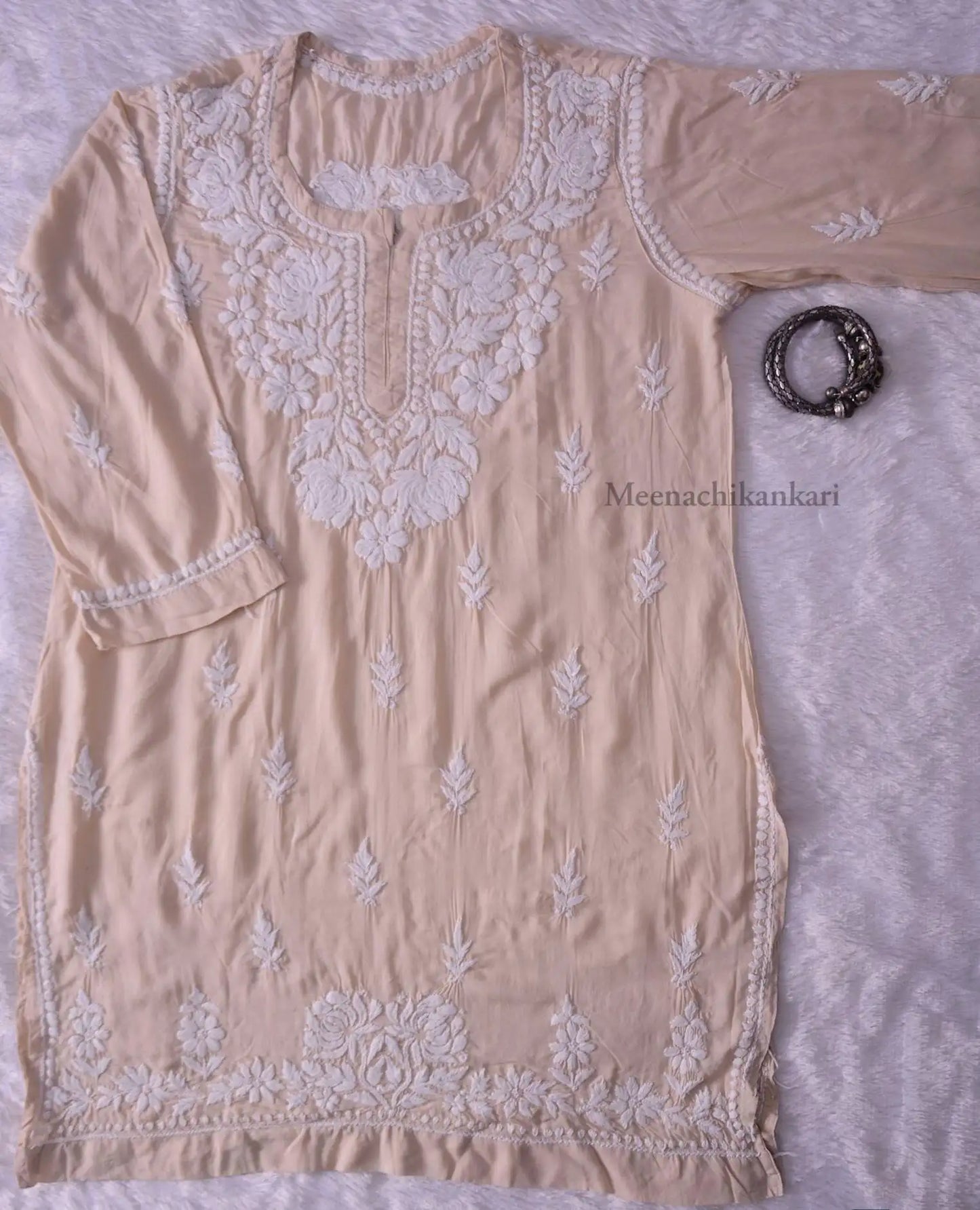 Bahar Beige Mid Thigh 3D Embroidery Modal Kurta