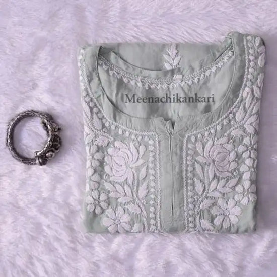 Bahar Pista Green Mid Thigh 3D Embroidery Modal Kurta