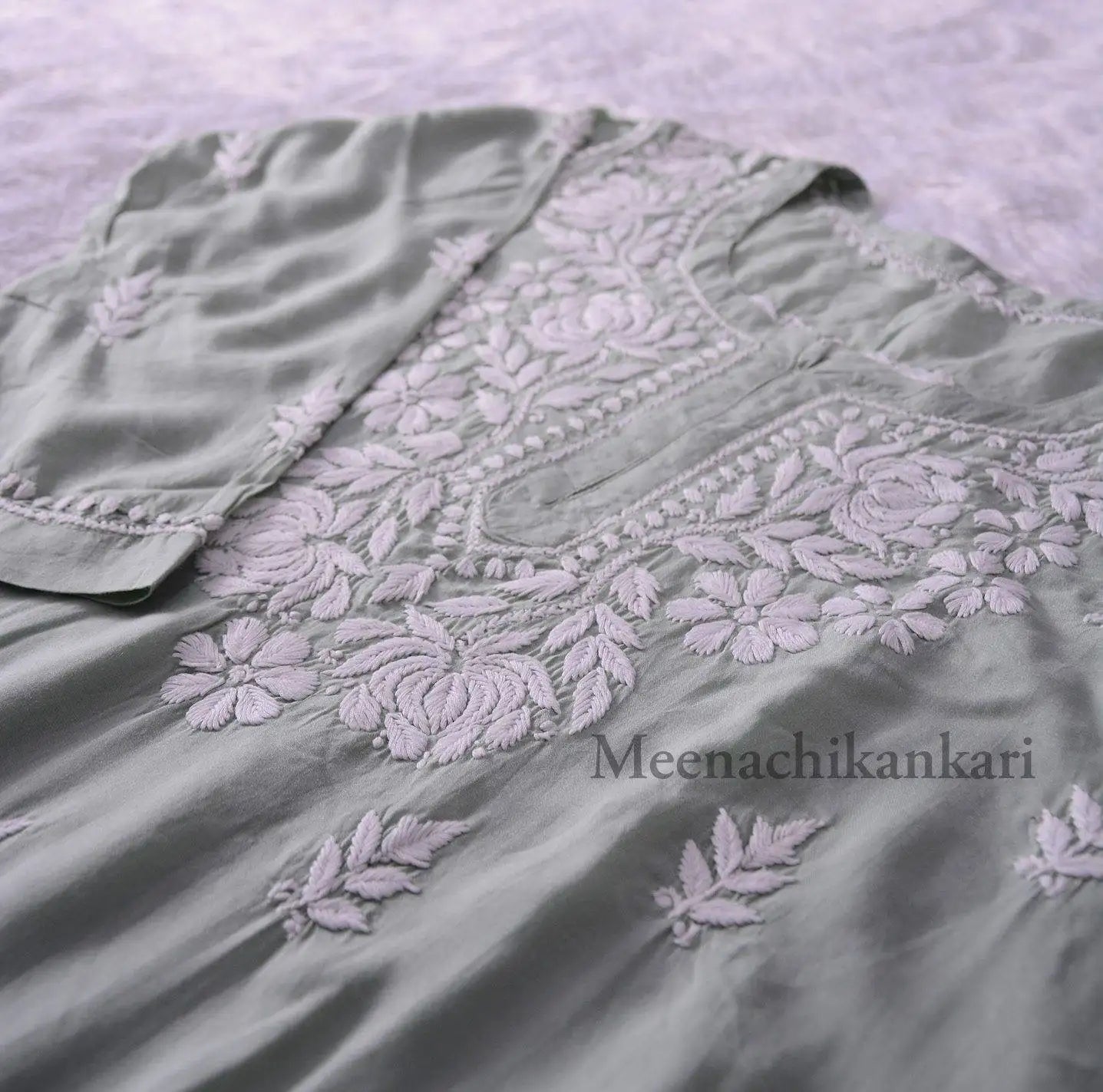 Bahar Pista Green Mid Thigh 3D Embroidery Modal Kurta