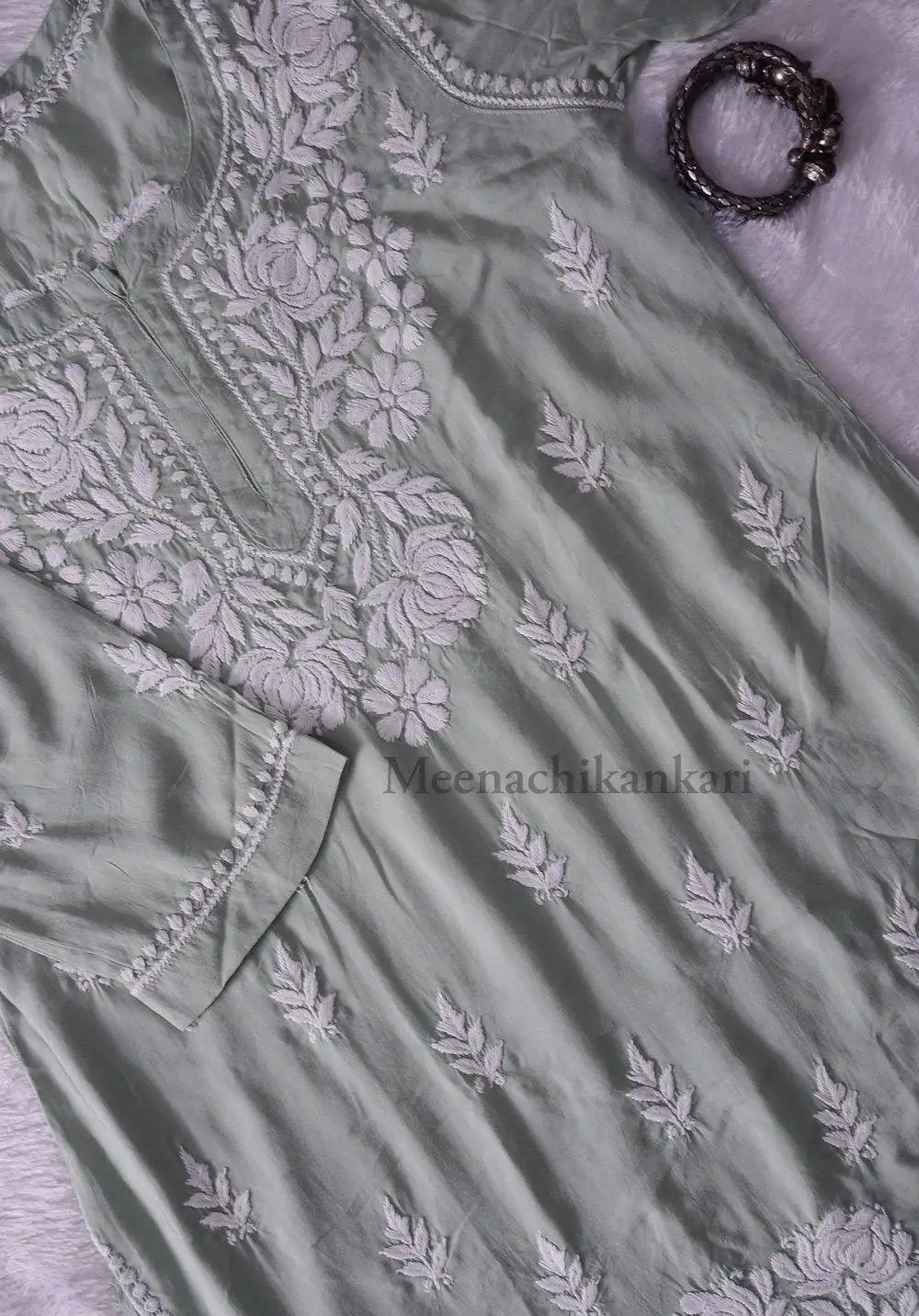 Bahar Pista Green Mid Thigh 3D Embroidery Modal Kurta