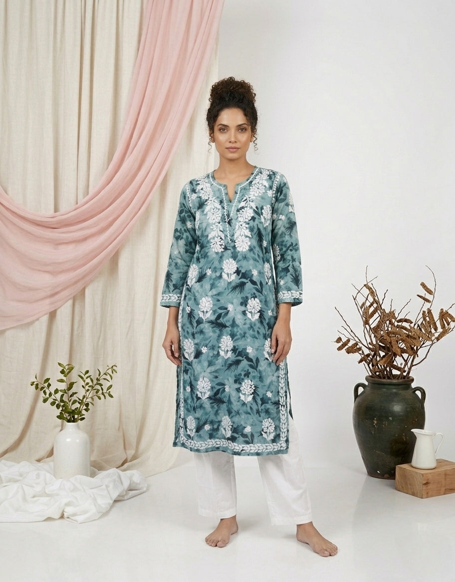 Aarzoo Teal Blue Mull Cotton Long Kurti