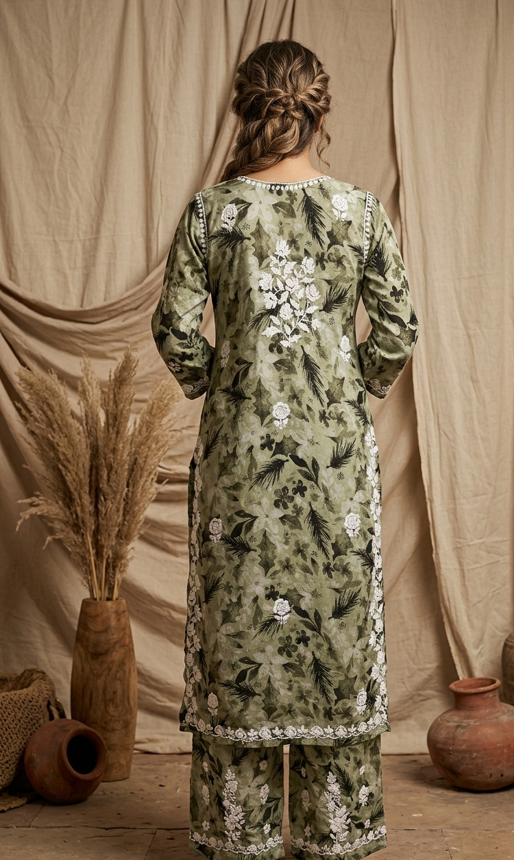 Safar Green Long Cotton Chikankari Kurta Set