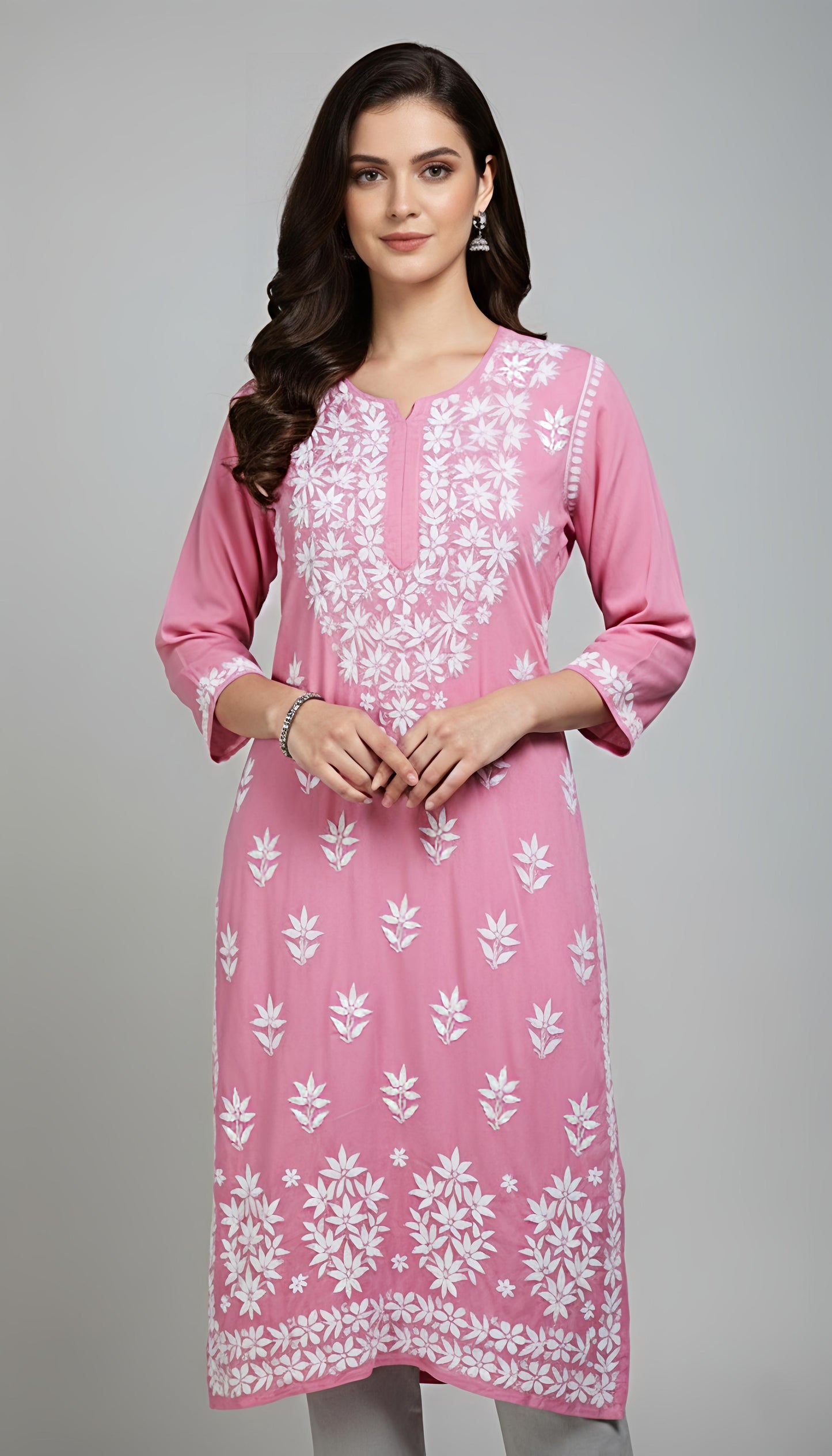 Noor Flamingo Pink Modal Chaikankari Long Kurti