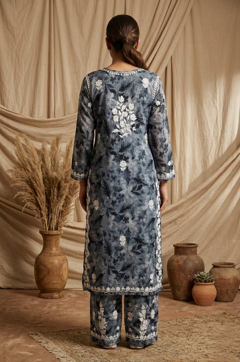 Safar Grey Long Cotton Chikankari Kurti Set