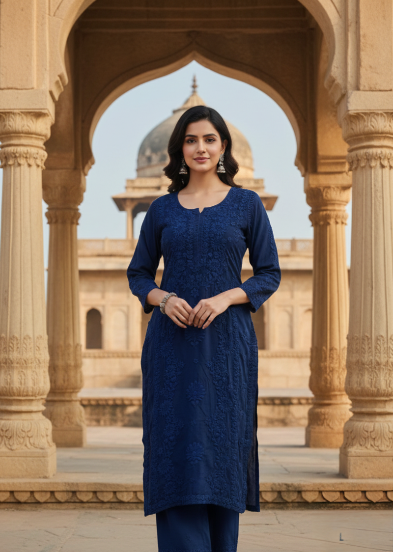 Jasmine Chikankari Royal Blue Muslin kurta Set