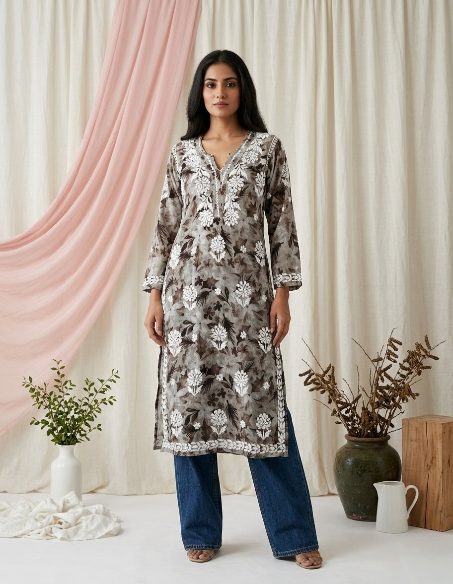 Aarzoo Brown Mull Cotton Long Kurti