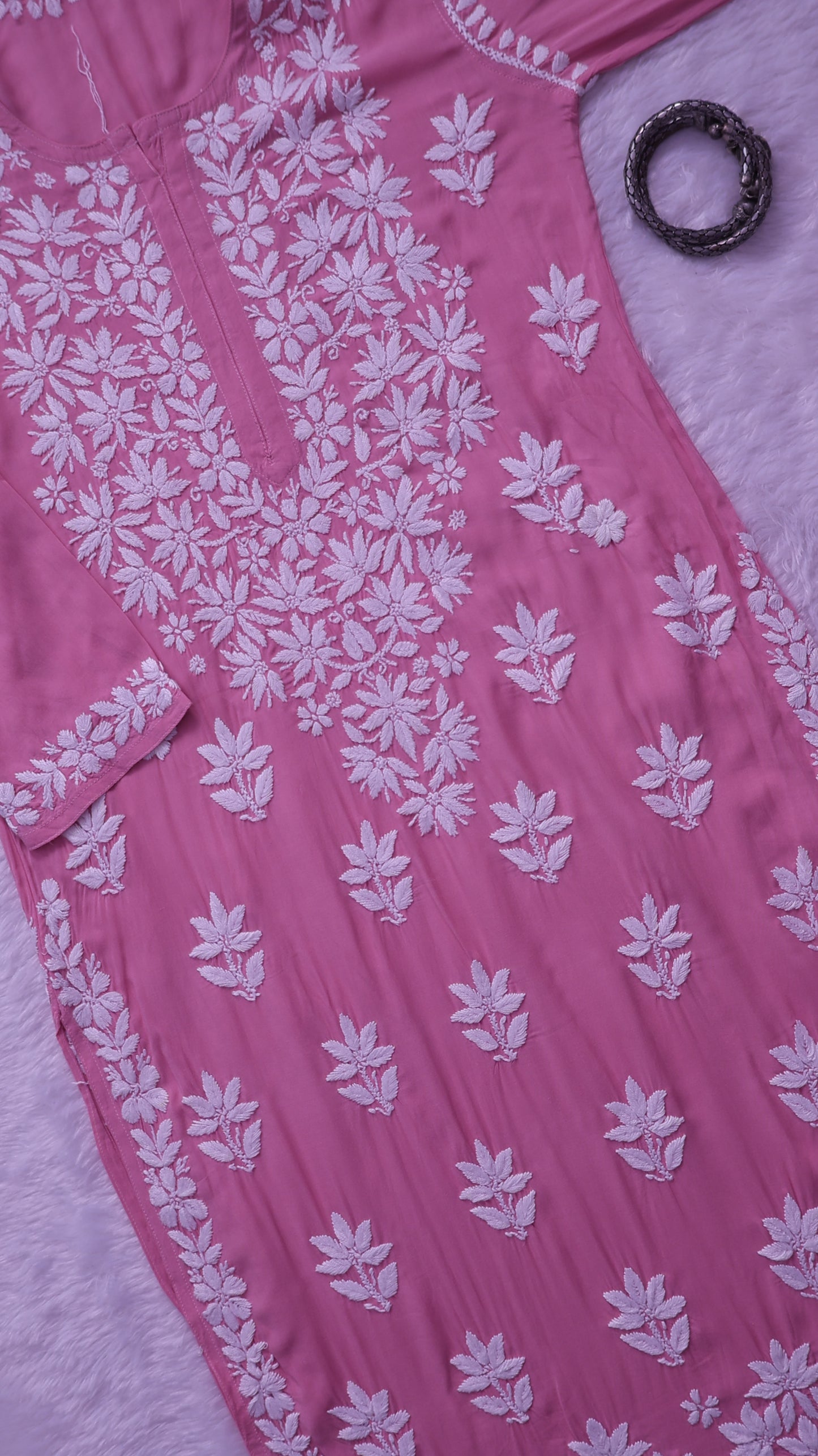 Noor Flamingo Pink Modal Chaikankari Long Kurti