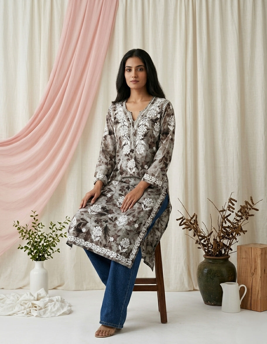 Aarzoo Brown Mull Cotton Long Kurti