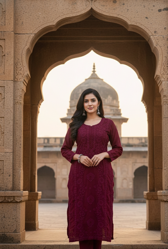 Jasmine Chikankari Wine Muslin kurta Set
