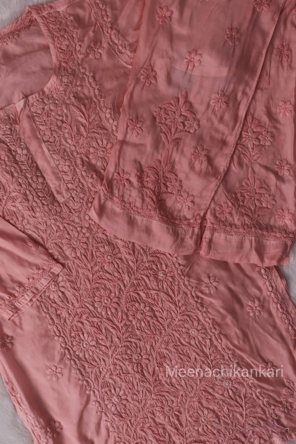 Ektara  Peach Muslin Mid Long Cord Kurta Set