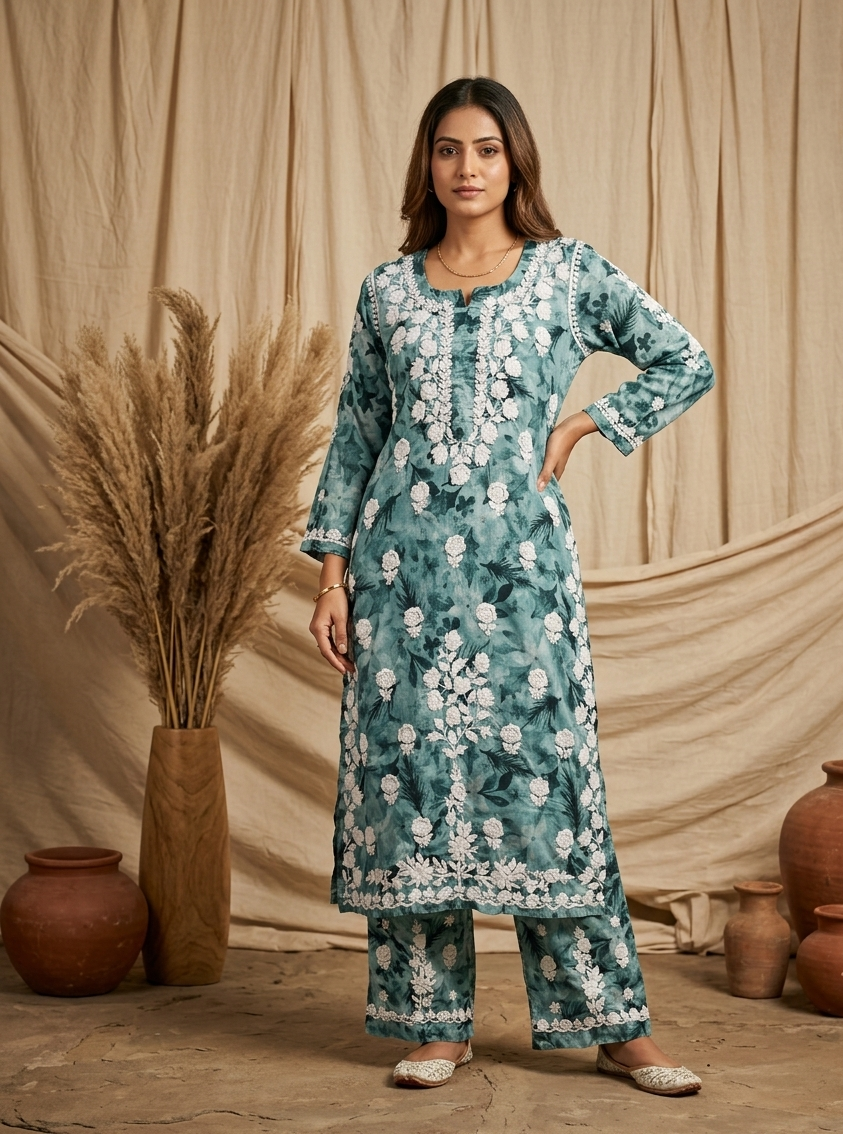 Safar Aqua Green Long Cotton Chikankari Kurti Set