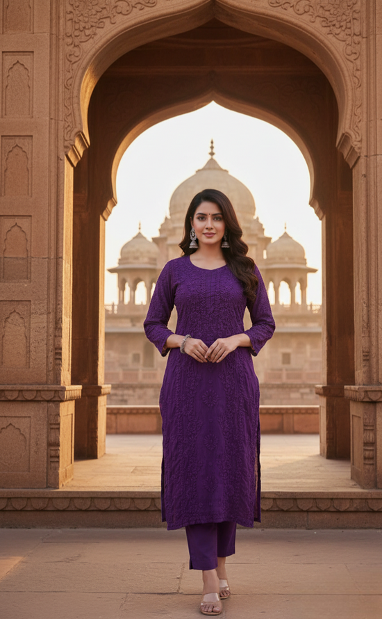 Jasmine Chikankari Plum Purple Muslin kurta Set