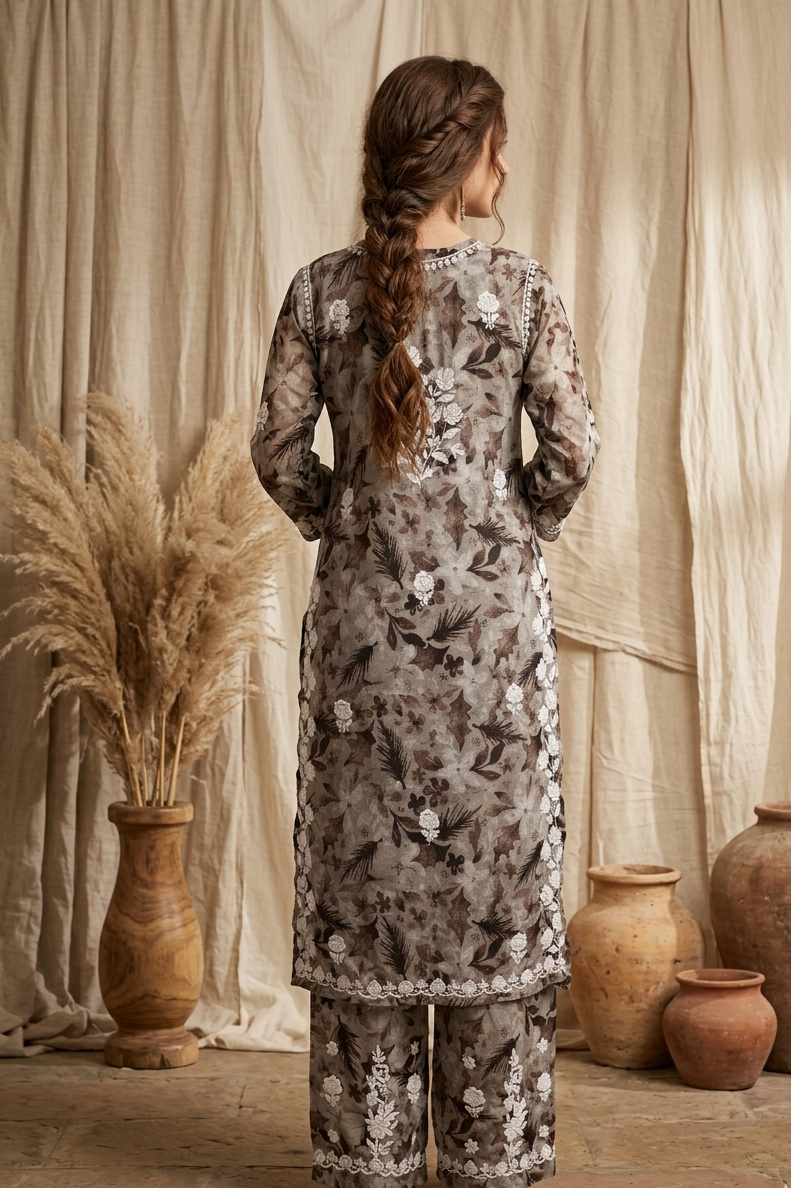 Safar Brown Long CottonChikankari Kurti Set