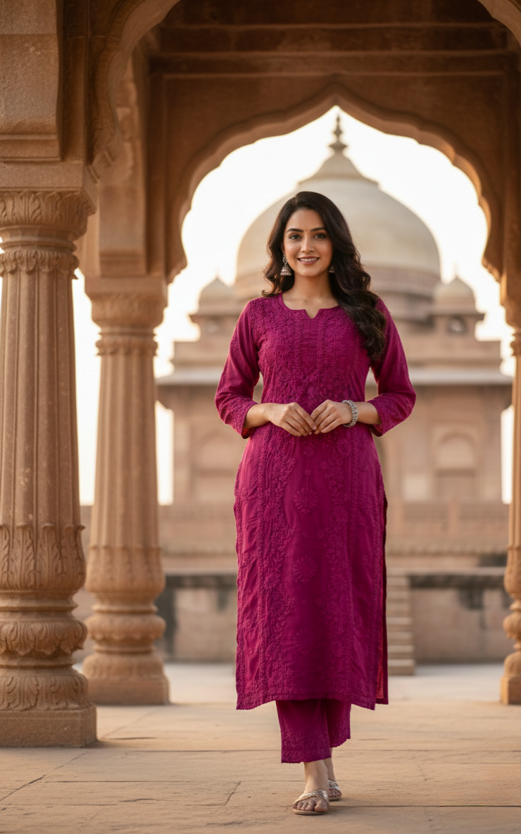 Jasmine Chikankari Magenta Muslin kurta Set