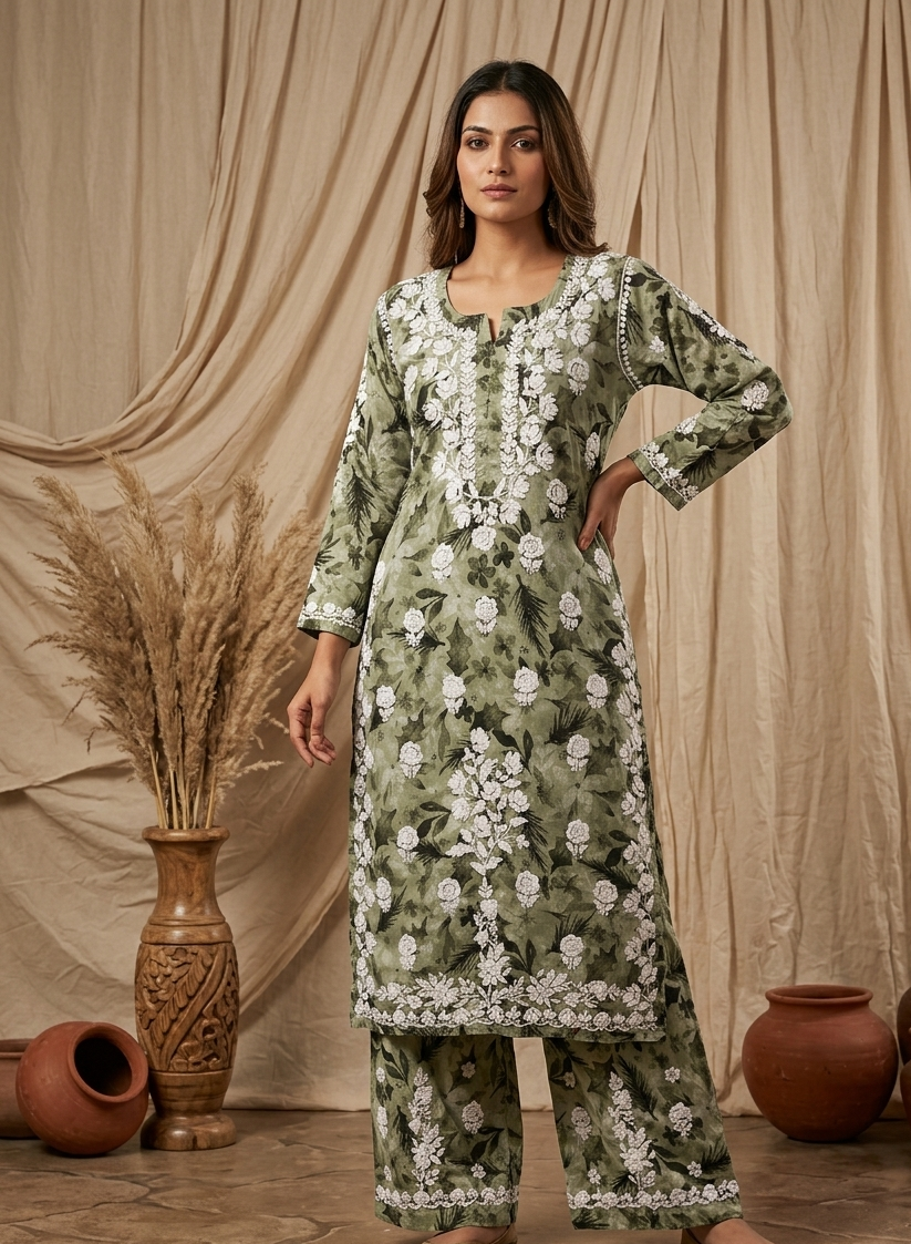 Safar Green Long Cotton Chikankari Kurta Set