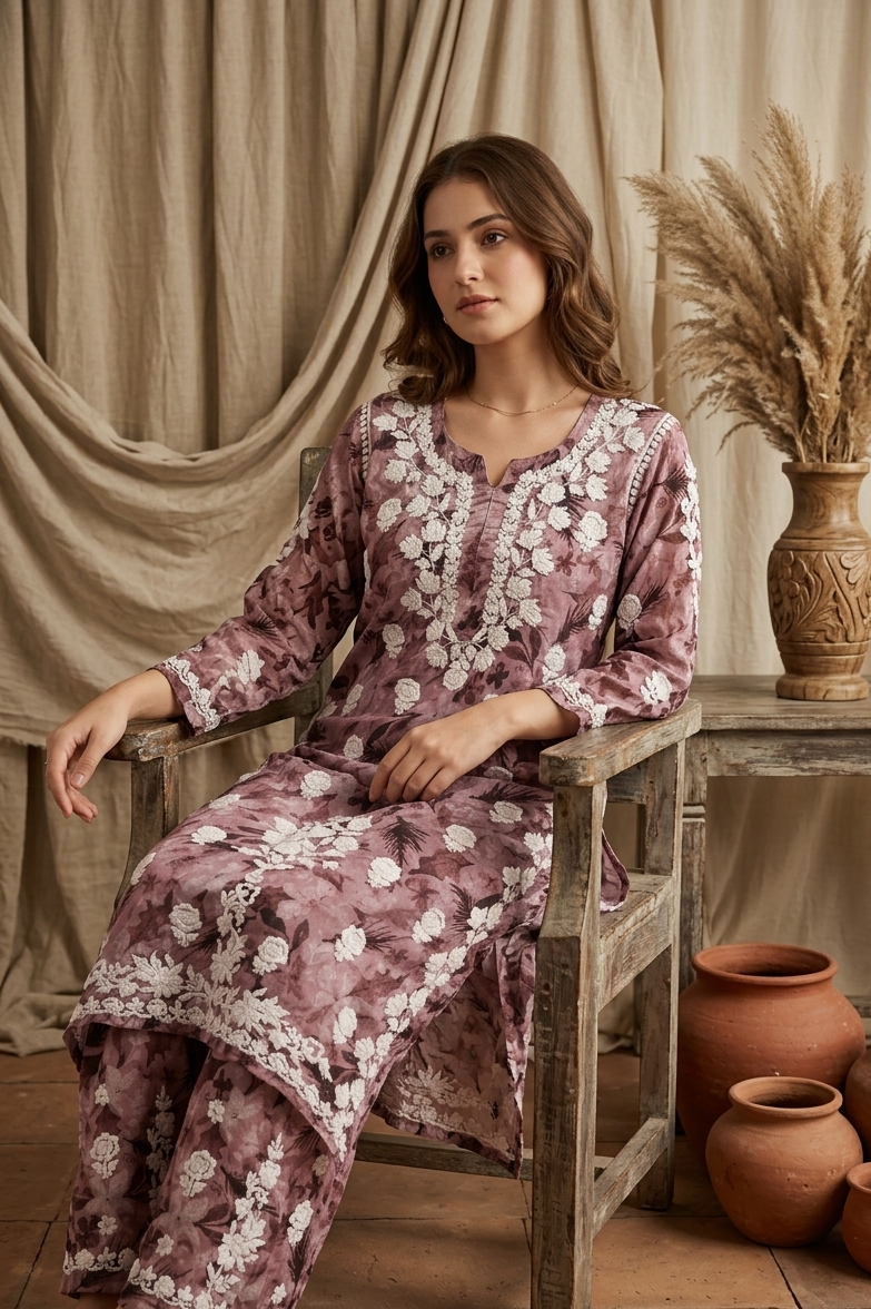 Safar Pink Long Cotton Chikankari Kurti Set