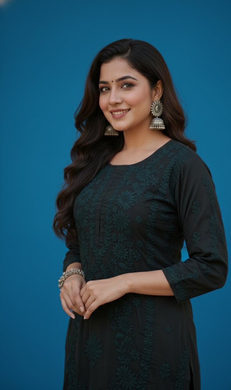 Jasmine Chikankari Bottle Green Muslin kurta Set