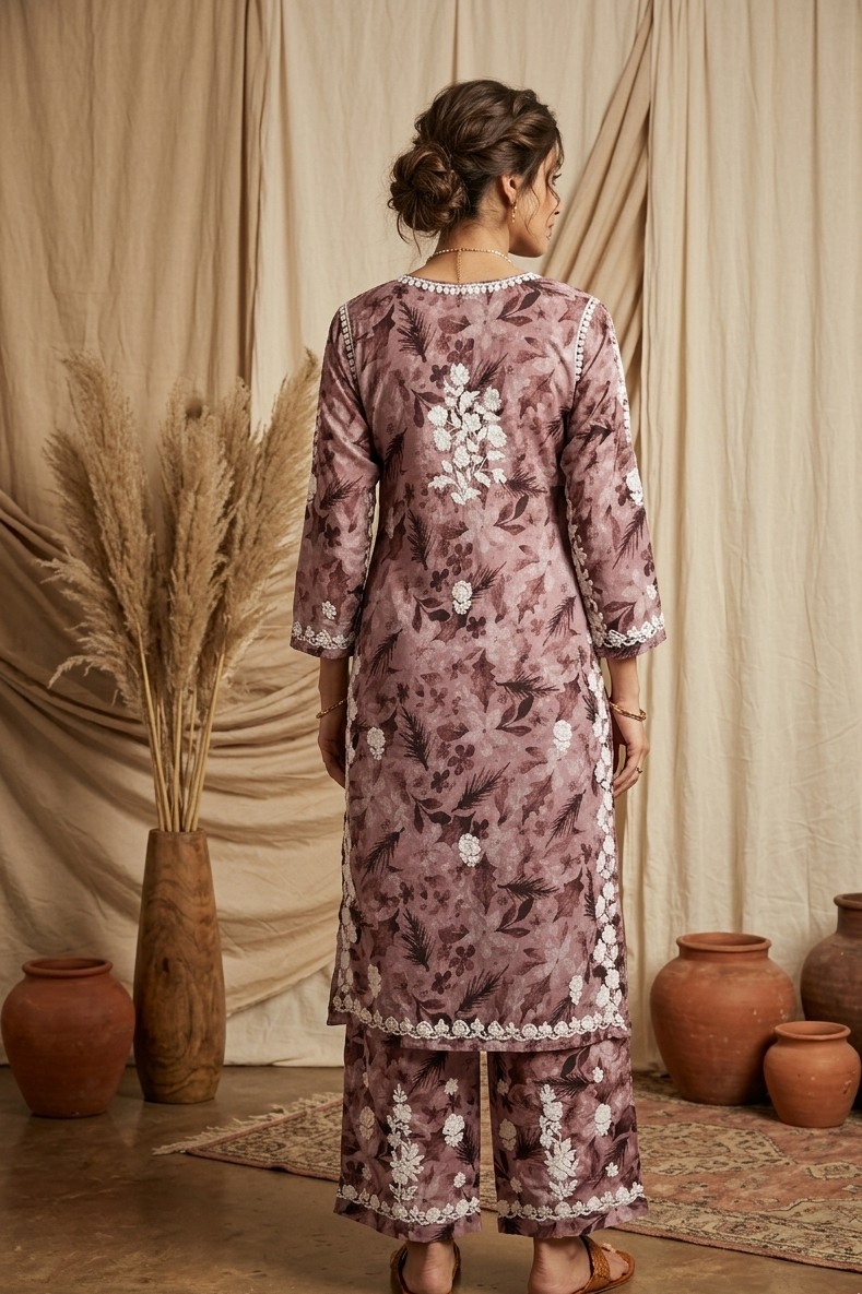 Safar Pink Long Cotton Chikankari Kurti Set