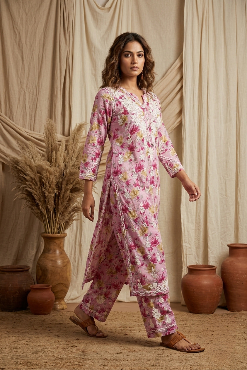 Aaira Onion Pink Mull Cotton Chikankari Kurta Set